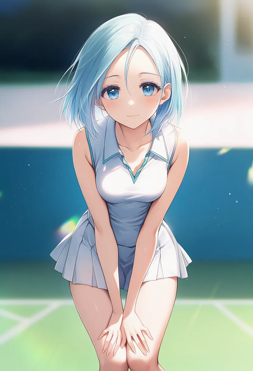 前かがみで膝に手をつく美少女AIイラスト作例２｜プロンプト紹介