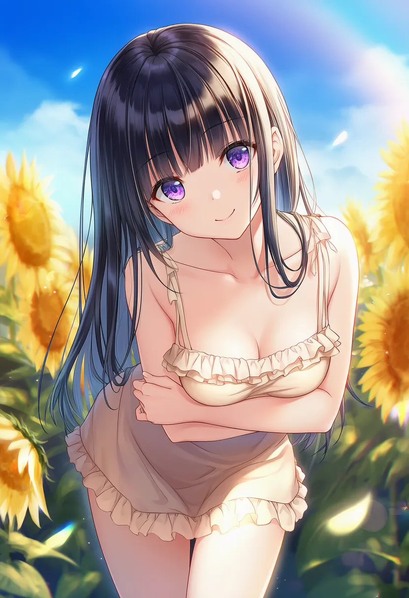 前かがみで胸を両腕で支える美少女AIイラスト｜プロンプト紹介