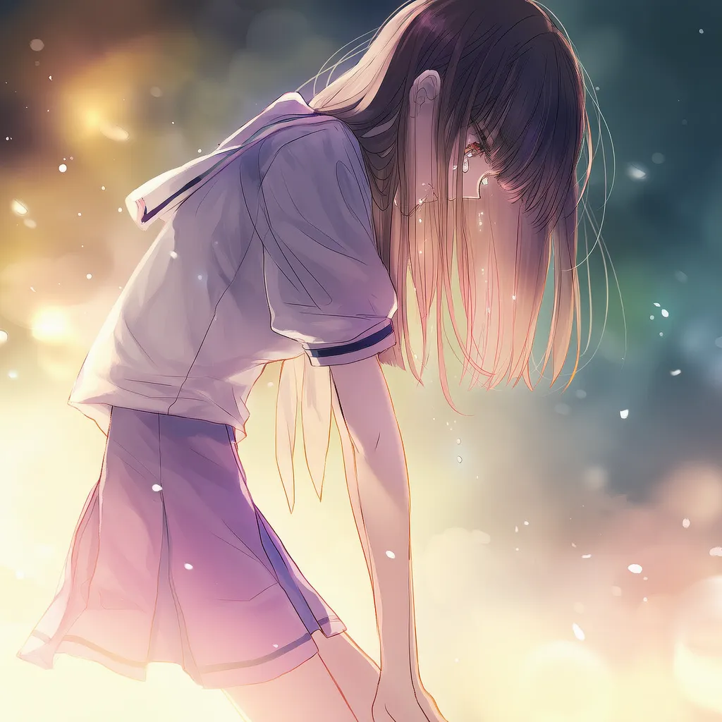 前かがみの猫背で落ち込み涙を流す美少女AIイラスト作例２｜プロンプト紹介