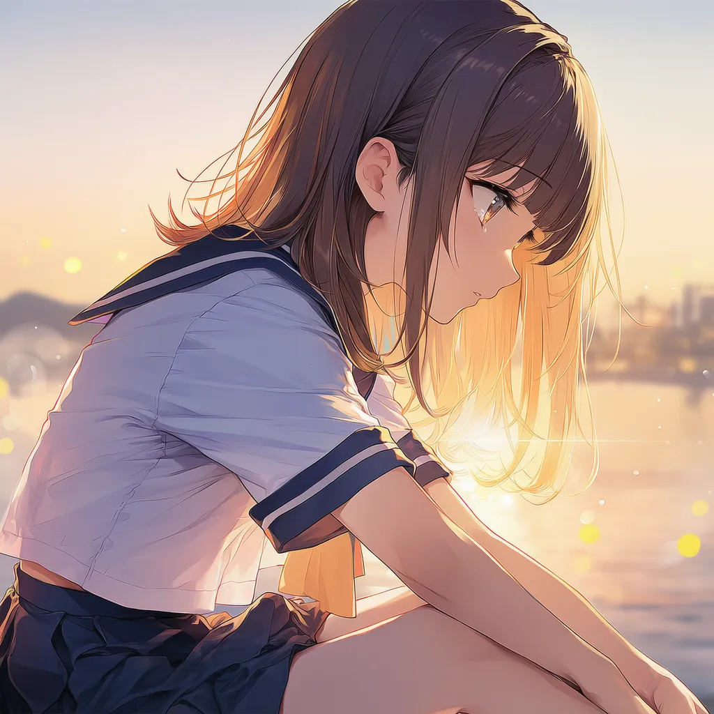 座った状態で前かがみ姿勢の制服美少女AIイラスト｜プロンプト紹介
