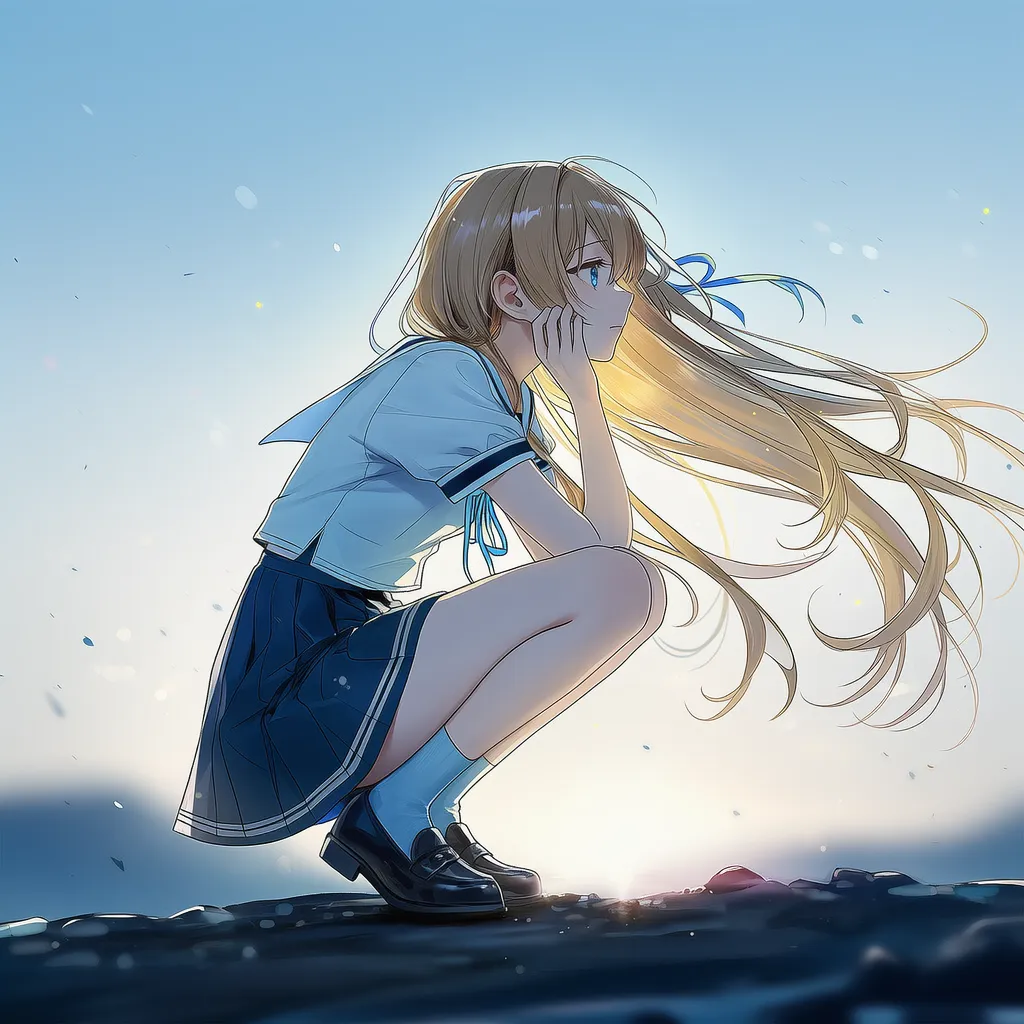 しゃがんでつま先立ちする（前かがみ姿勢）の美少女AIイラスト｜プロンプト紹介