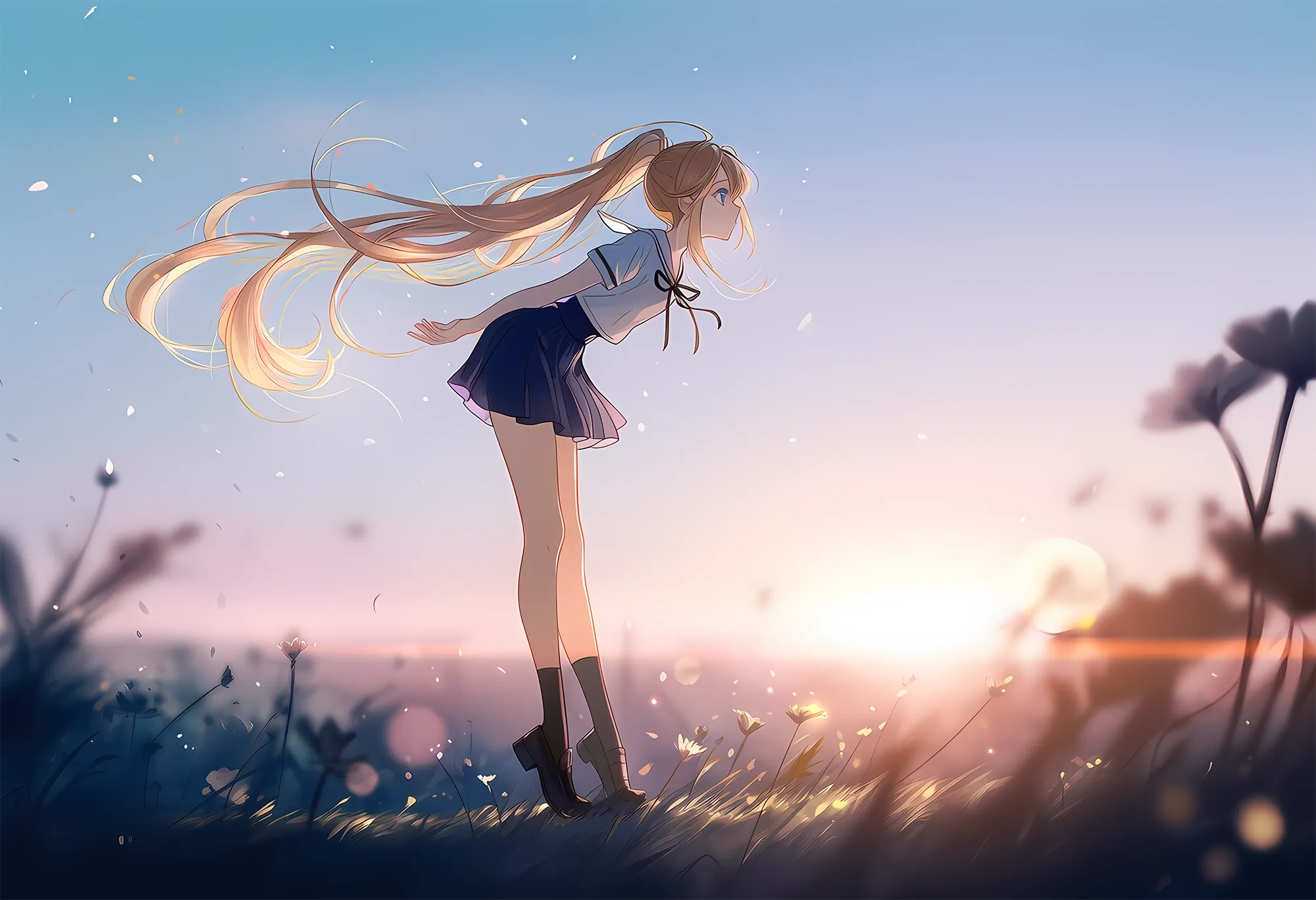 朝焼けに前かがみで立つ制服美少女のAIイラスト作例