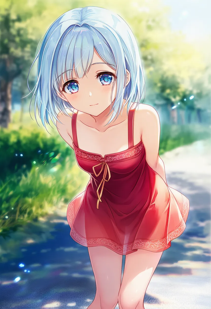 腕を後ろにまわして前かがみの姿勢の美少女AIイラスト｜プロンプト紹介
