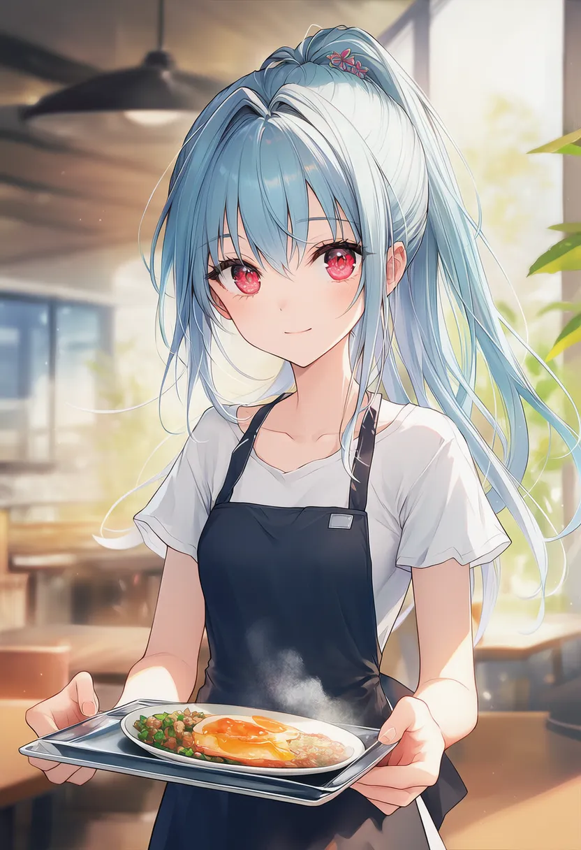 トレー（食堂などの）を持つ美少女AIイラスト｜持ち物プロンプト紹介