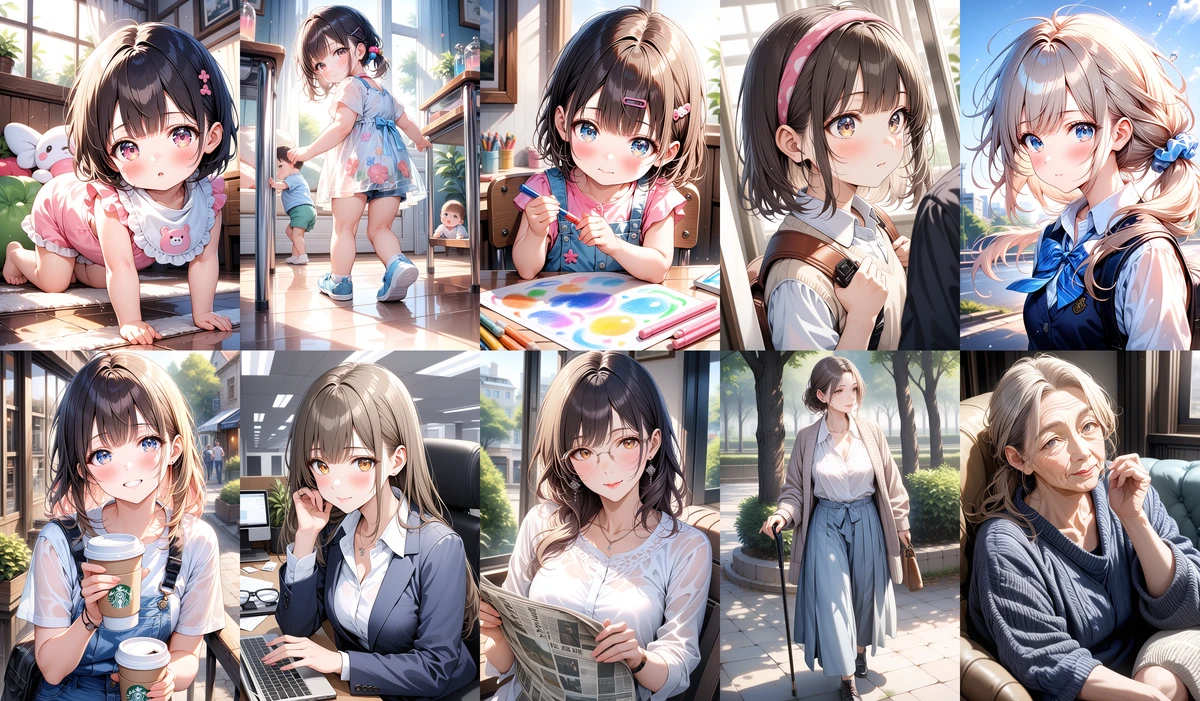 Stable Diffusionで生成した年齢別プロンプトのイラスト例(0歳から80歳まで)