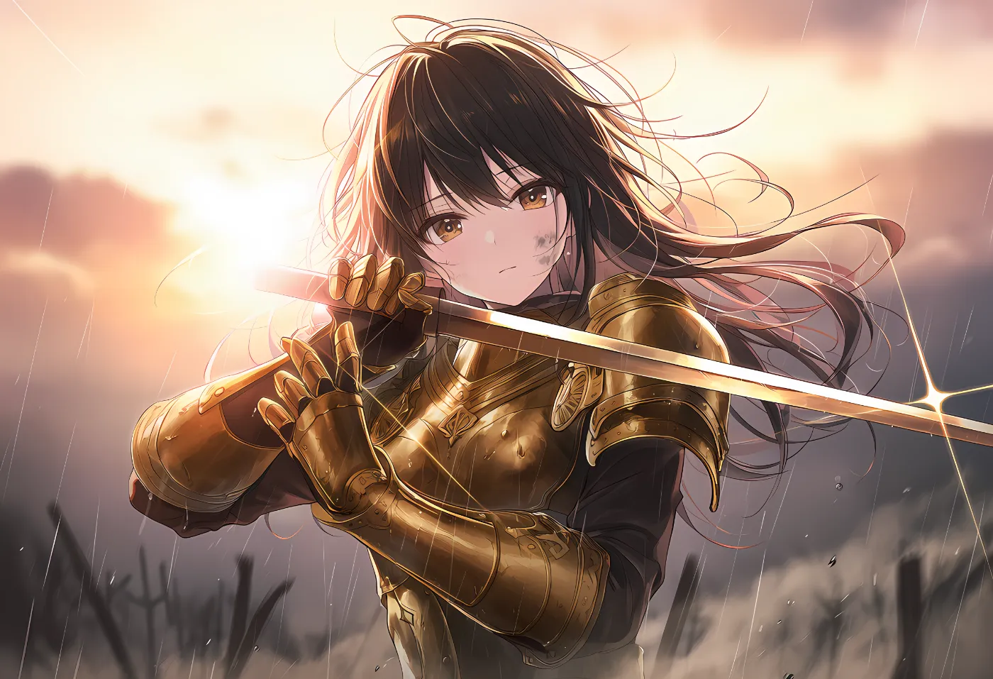真鍮テクスチャを使った鎧の美少女イラスト|AIプロンプト紹介