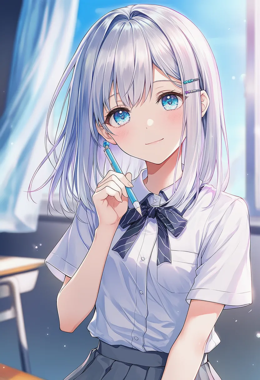 シャープペンを持つ美少女AIイラスト｜持ち物プロンプト紹介