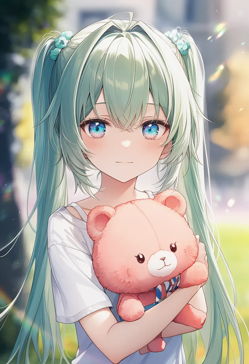 小さなぬいぐるみを持つ美少女AIイラスト｜持ち物プロンプト紹介