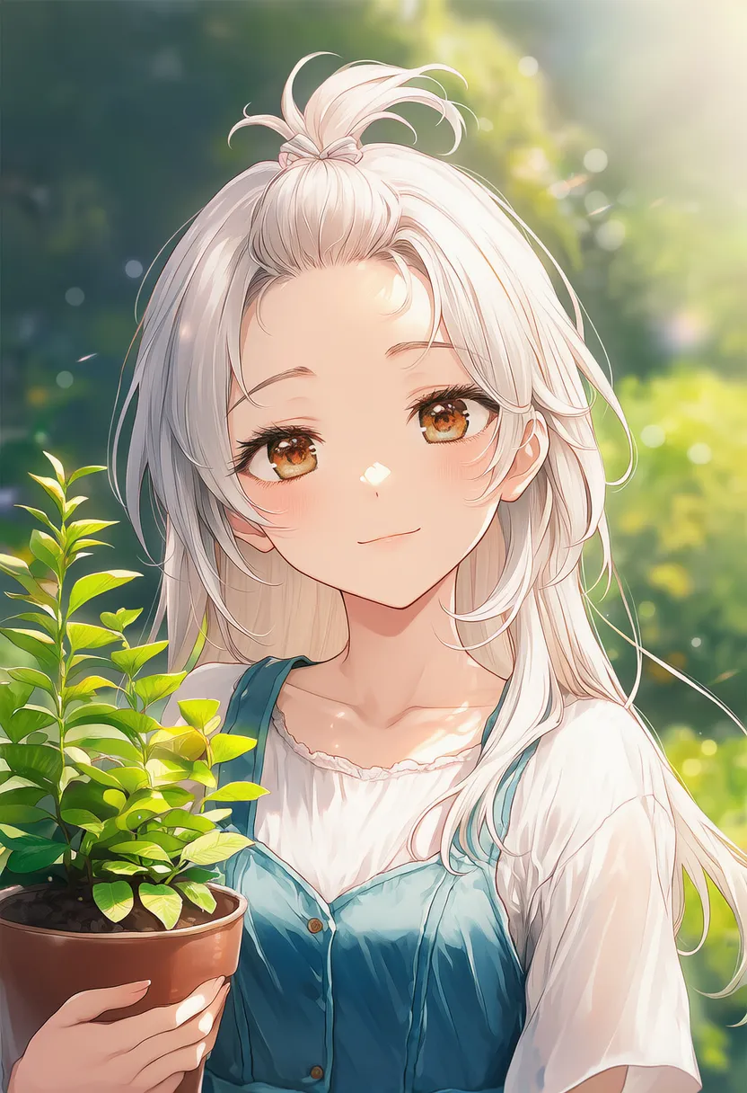 小さな鉢植えを持つ美少女AIイラスト｜持ち物プロンプト紹介