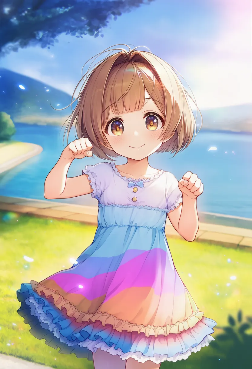虹色ワンピース(フリル付き)|女児服(子供向け服)プロンプト紹介