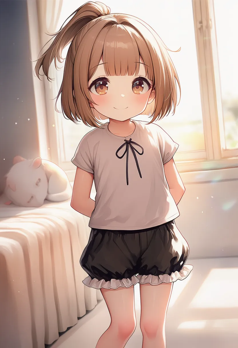 リボンシャツとフリルトリム短パン|女児服(子供向け服)プロンプト紹介