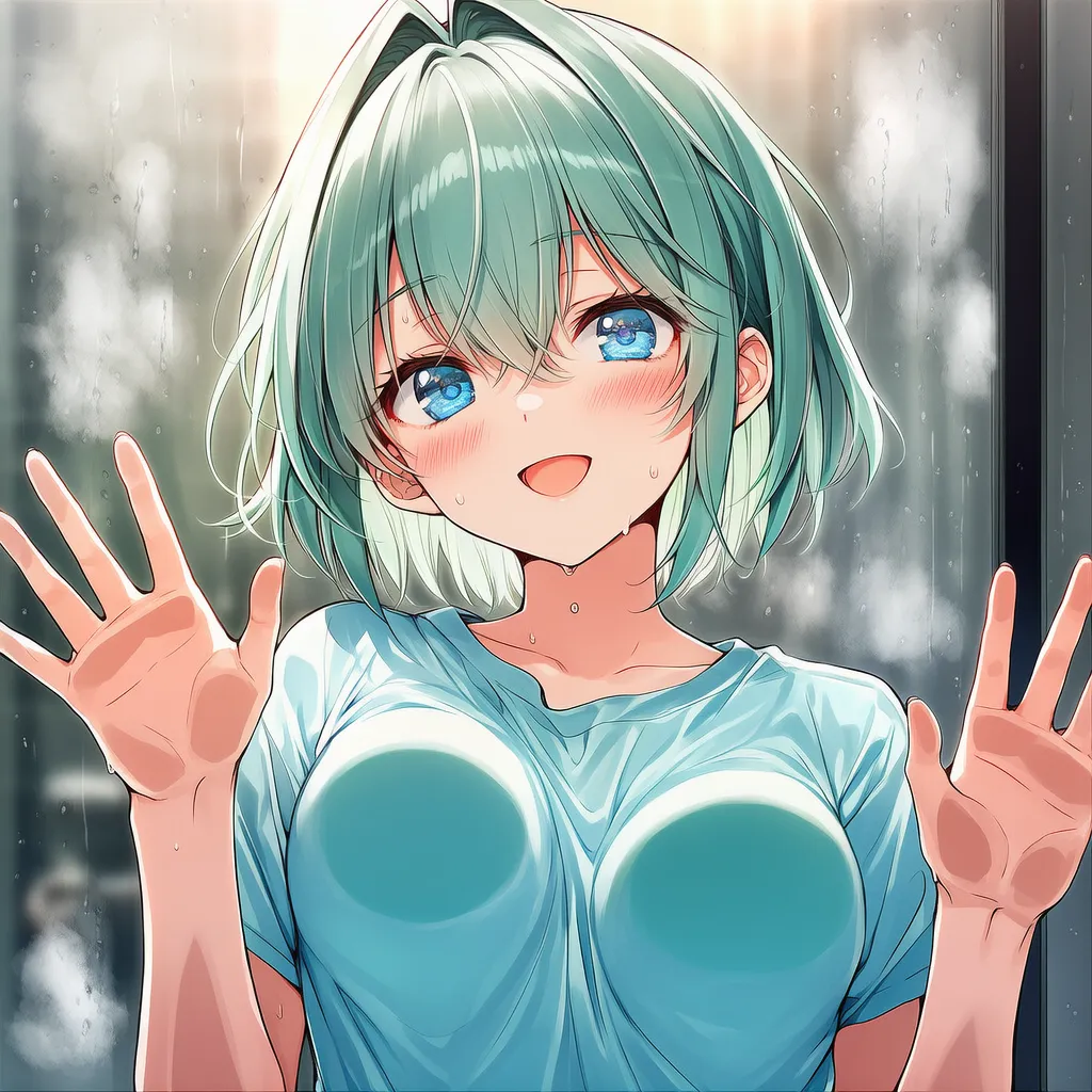 胸をガラスに押し付ける（乳ワイパー）のAIイラスト作例