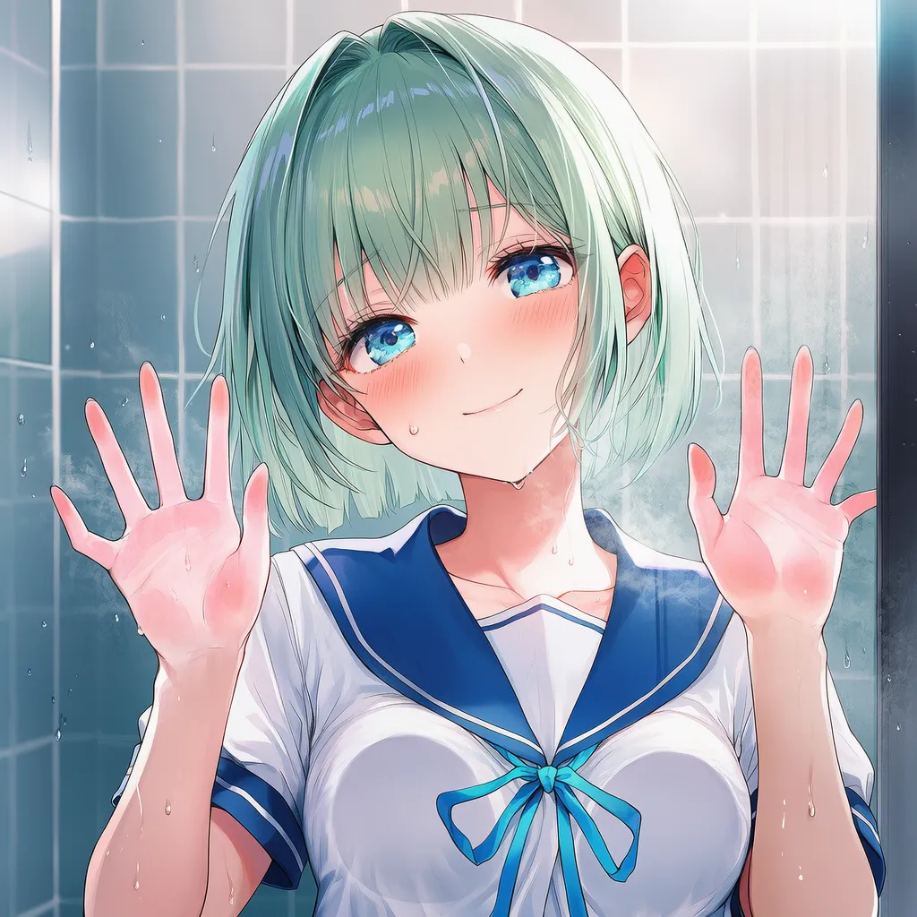 胸をガラスに押し付ける（乳ワイパー）のAIイラスト作例２