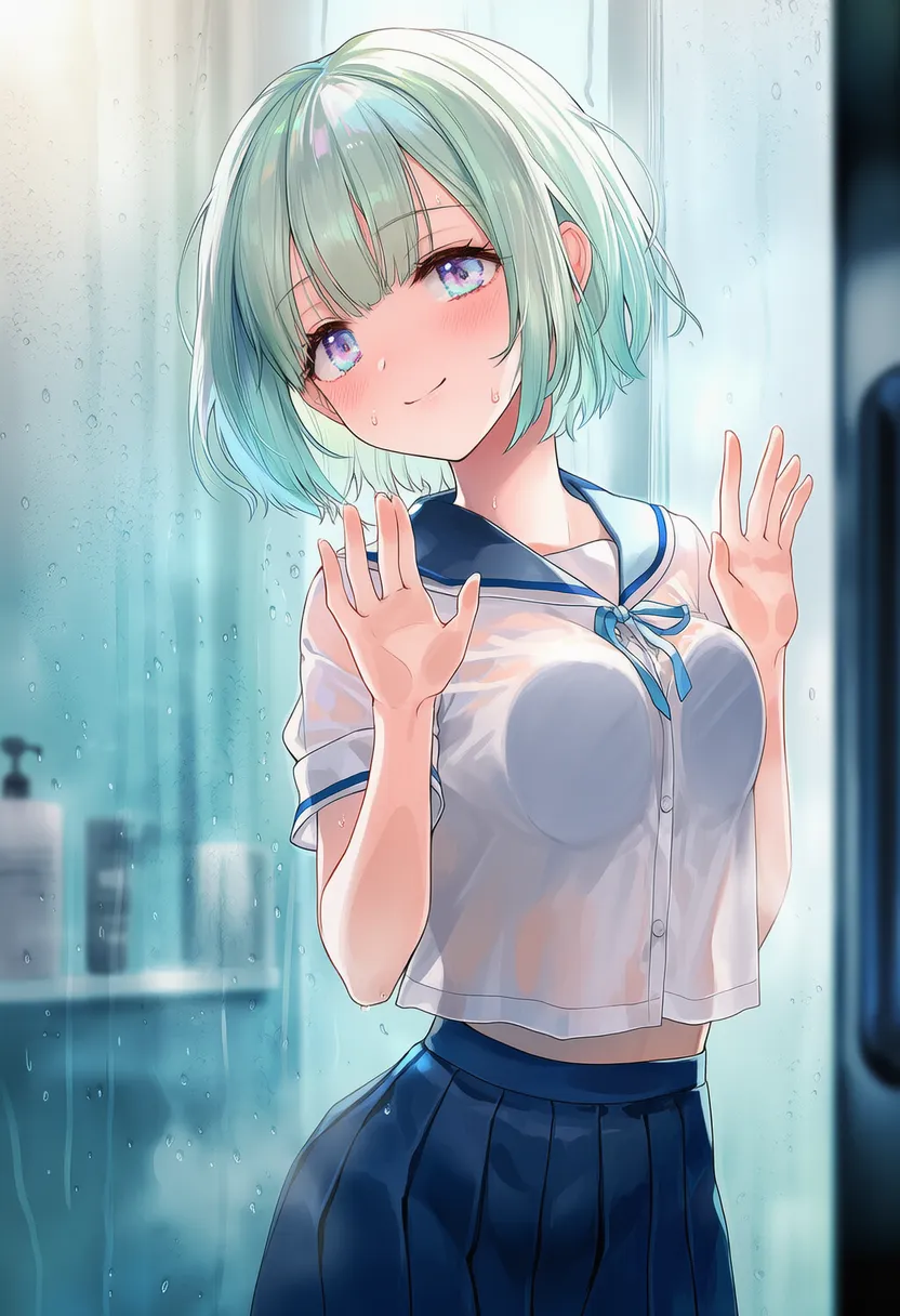 バスルームで胸をガラスに押し付ける（乳ワイパー）のAIイラスト｜プロンプト紹介