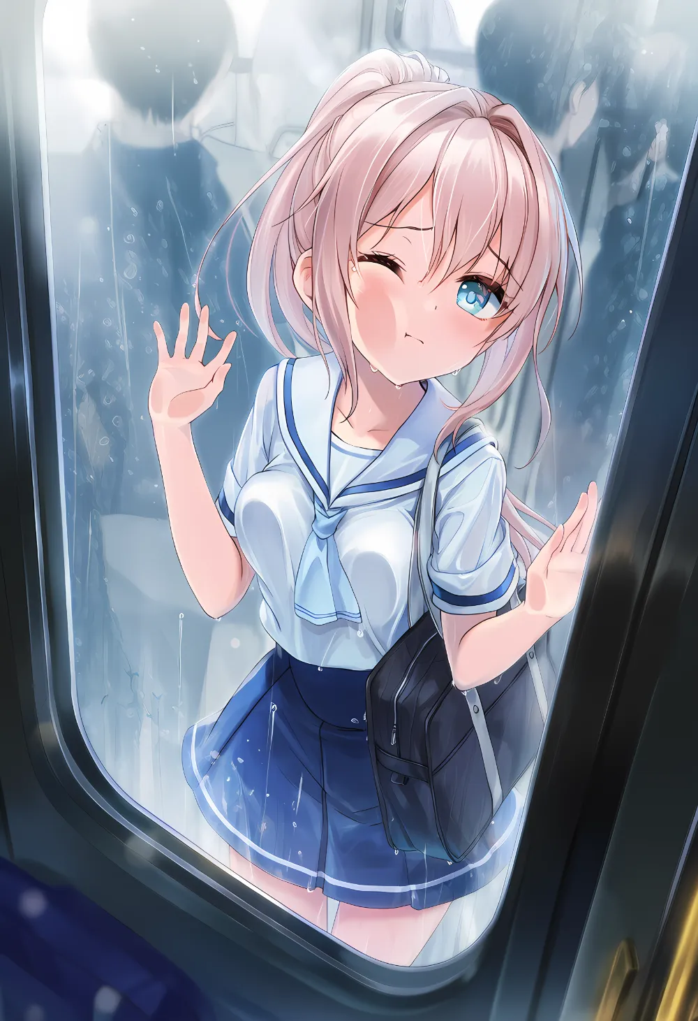 満員電車でガラス窓に胸を押し付けるAIイラスト｜プロンプト紹介