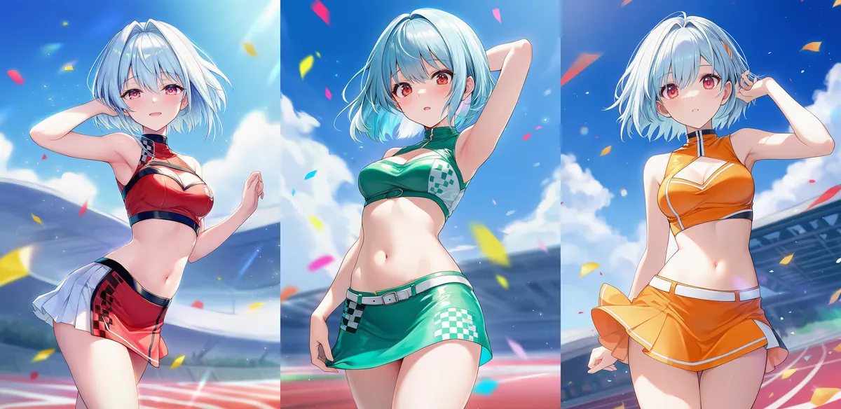 赤・緑・オレンジ色のレースクイーンの服プロンプト紹介