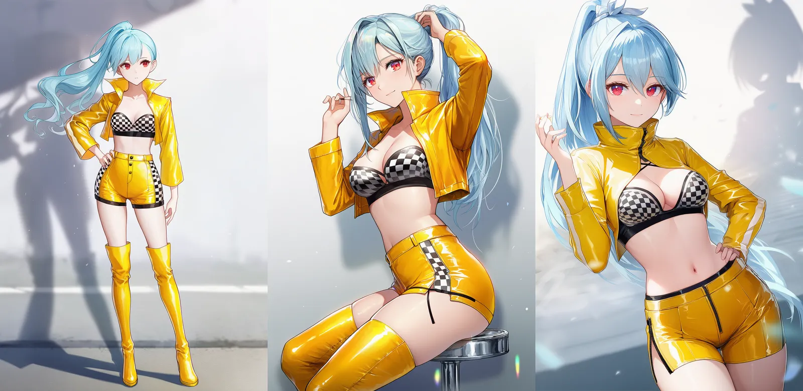 イエローPVCボレロとチェッカーブラトップ・ショートパンツ|レースクイーンプロンプト