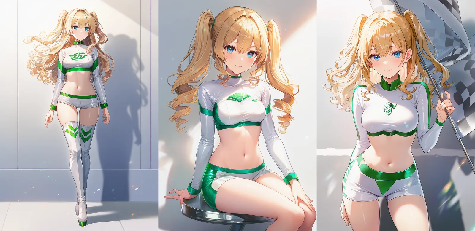 白クロップドVネック(グリーンバンド・ロゴ)と白ショートパンツ|レースクイーンプロンプト