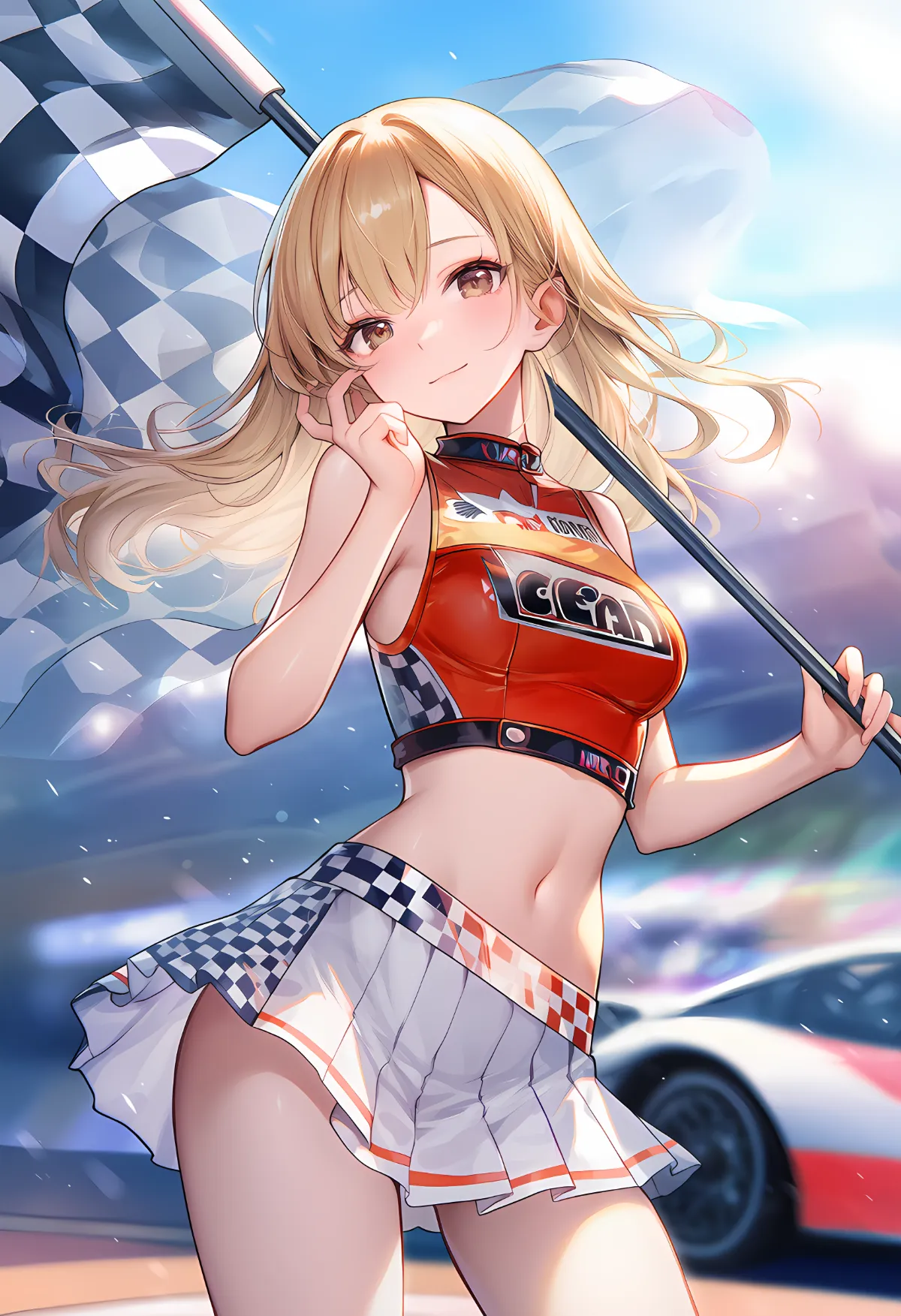 レースクイーンがサーキットに立って微笑むAIイラスト作例((NovelAI生成)