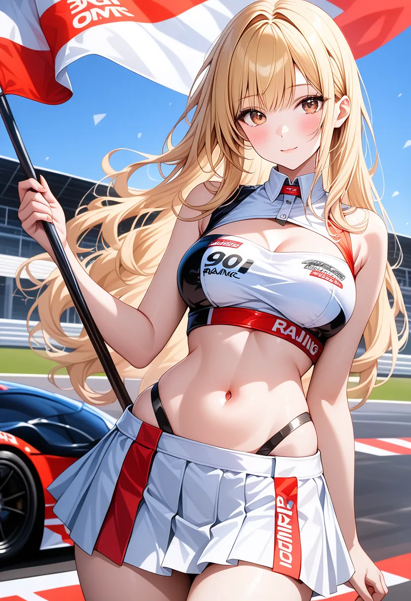 レースクイーンがサーキットに立って微笑むAIイラスト作例(Stable Diffusion生成)