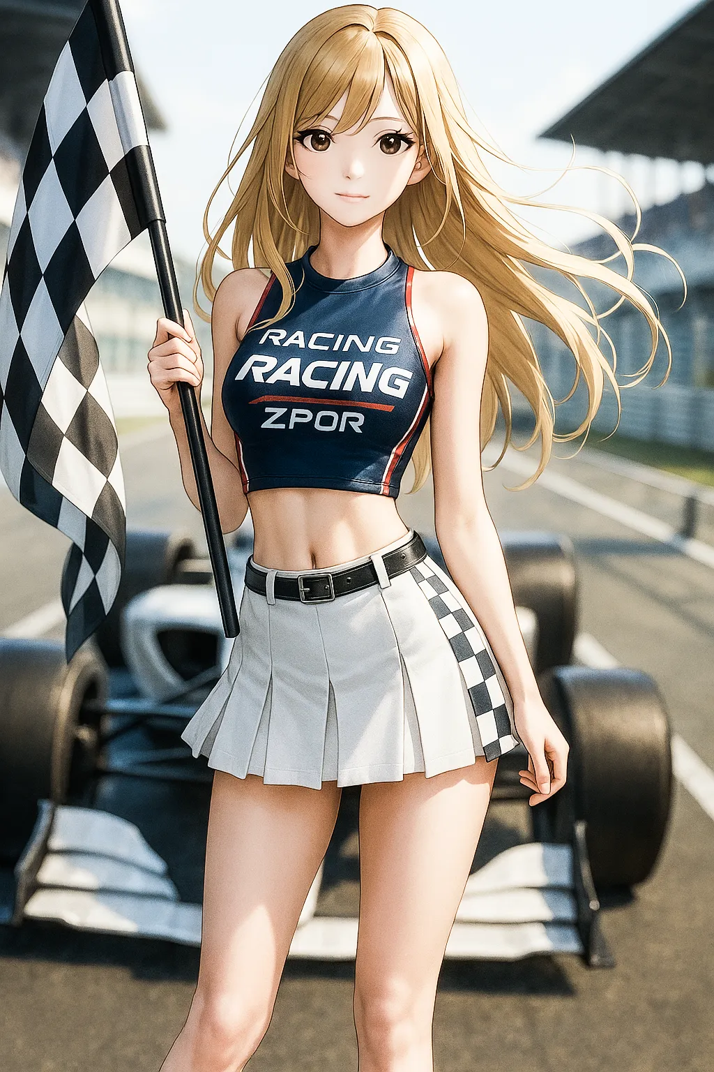 レースクイーンがサーキットに立って微笑むAIイラスト作例(ChatGPT生成)