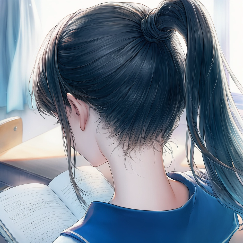 教室でノートを見ている後ろ姿とうなじの表現のAIイラスト