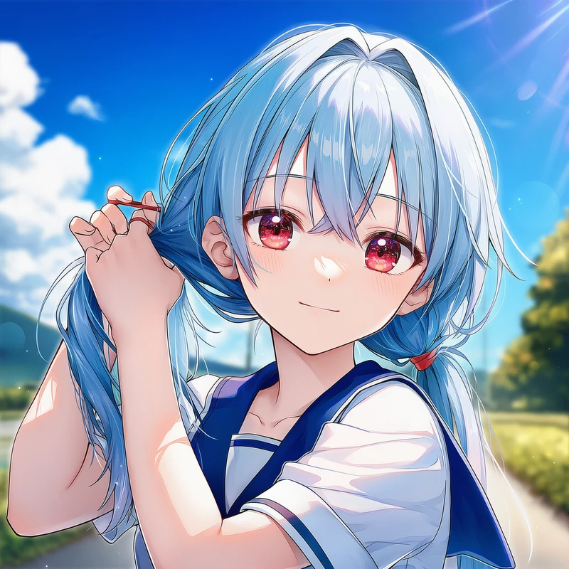 ツインテールの髪を束ねる美少女AIイラスト|プロンプト紹介