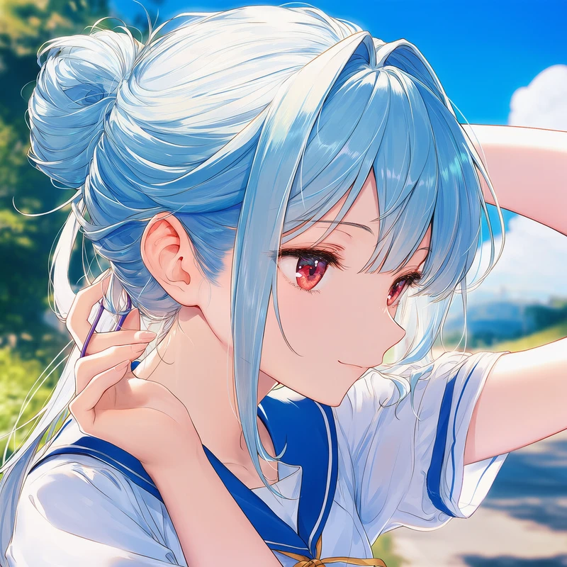 お団子ヘアを束ねる美少女AIイラスト|プロンプト紹介