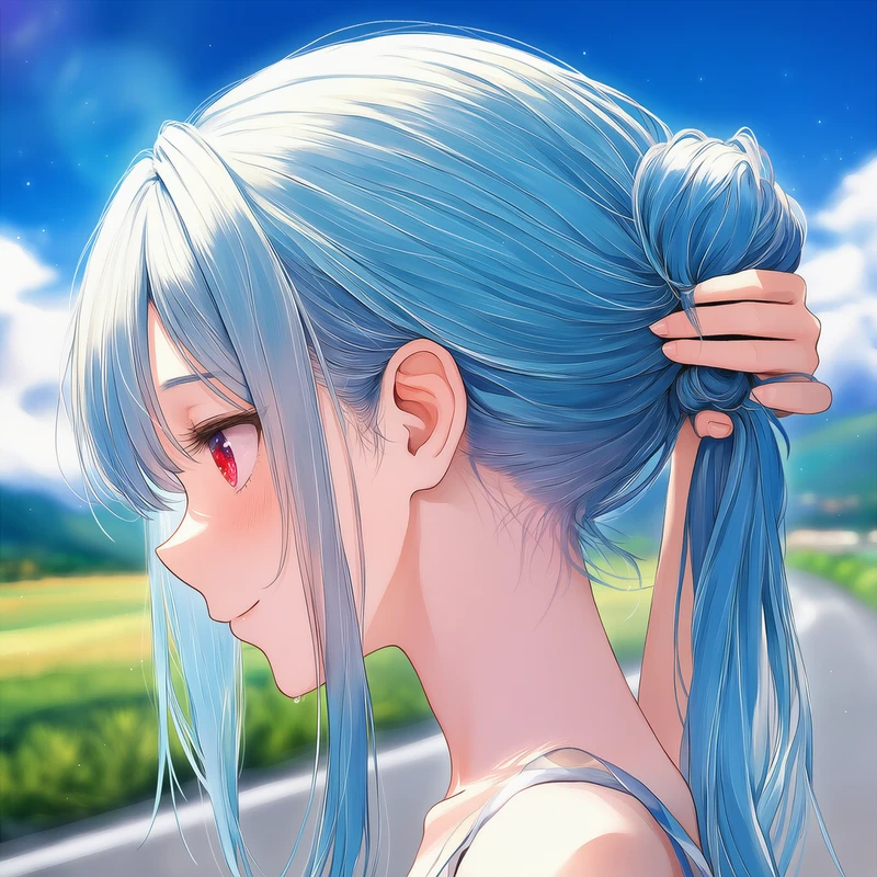 ポニーテールの髪を束ねる美少女AIイラスト|プロンプト紹介