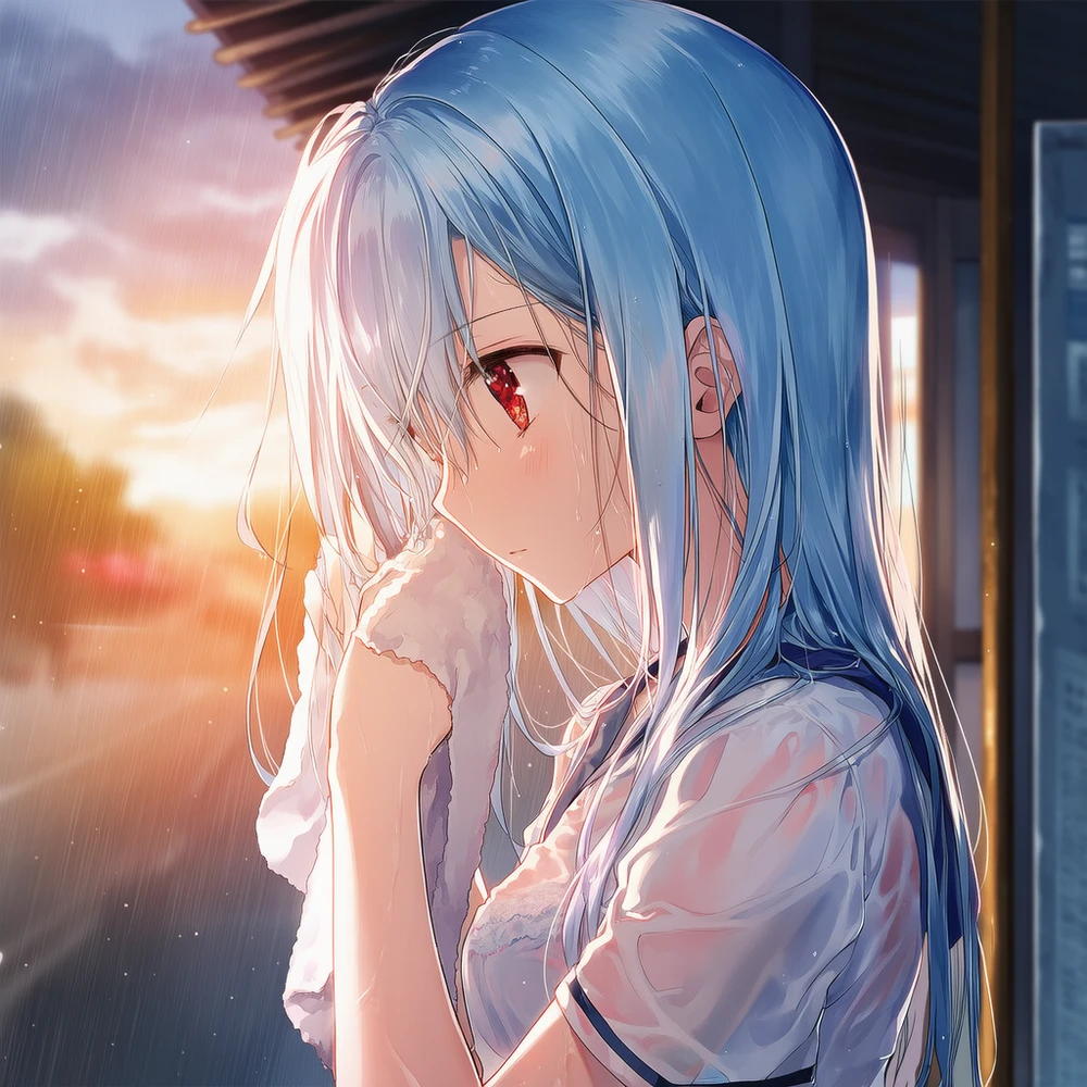 濡れた髪を絞る美少女AIイラスト|プロンプト紹介