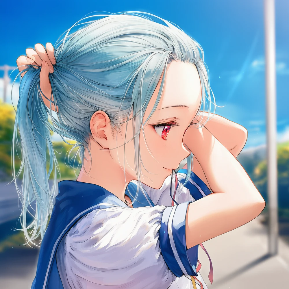 髪全体をまとめておでこ(額)を見せる美少女AIイラスト|プロンプト紹介