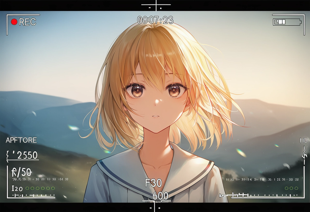 デジタルビデオカメラの録画フレームに映る美少女｜プロンプト紹介