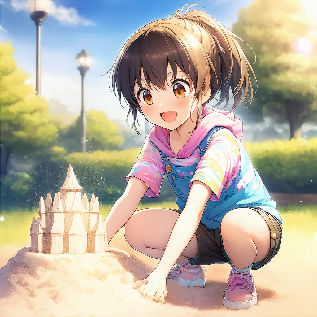 砂場で遊ぶ女の子のAIイラスト｜公園遊具プロンプト