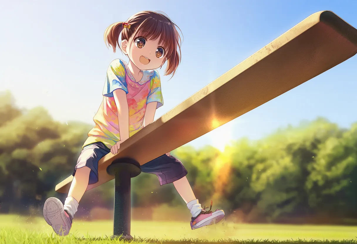 シーソーで遊ぶ女の子のAIイラスト｜公園遊具プロンプト