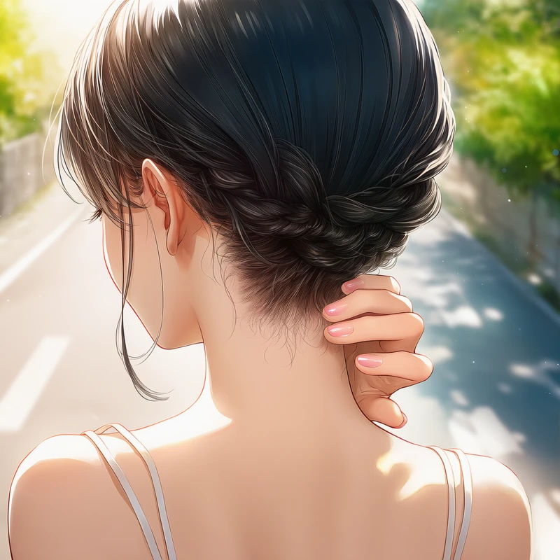うなじを触る仕草を再現したAIイラスト