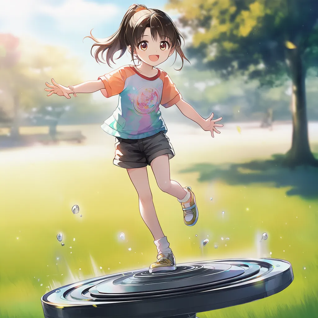 円盤回転遊具で遊ぶ女の子のAIイラスト｜公園遊具プロンプト