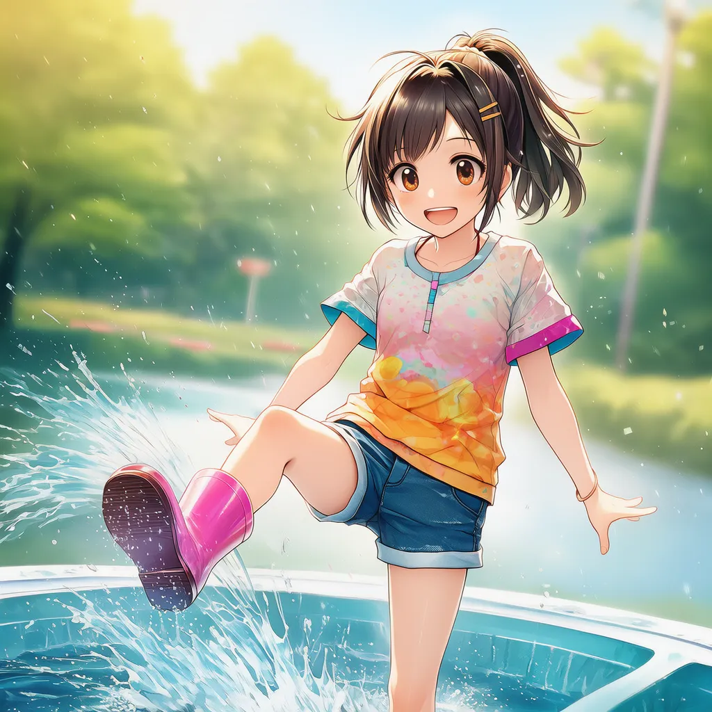 水遊びエリアで遊ぶ女の子のAIイラスト｜公園遊具プロンプト