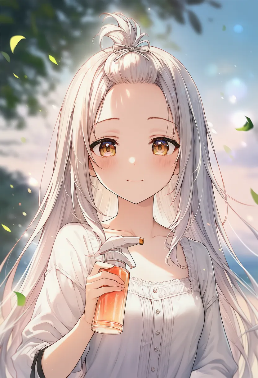 スプレーボトルを持つ美少女AIイラスト｜持ち物プロンプト紹介