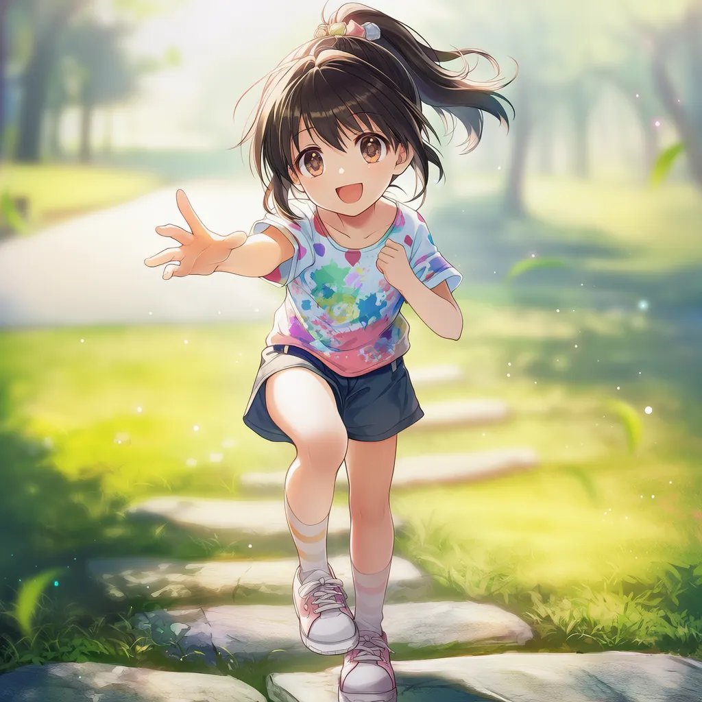 飛び石の足場でステップを踏む女の子のAIイラスト｜公園遊具プロンプト