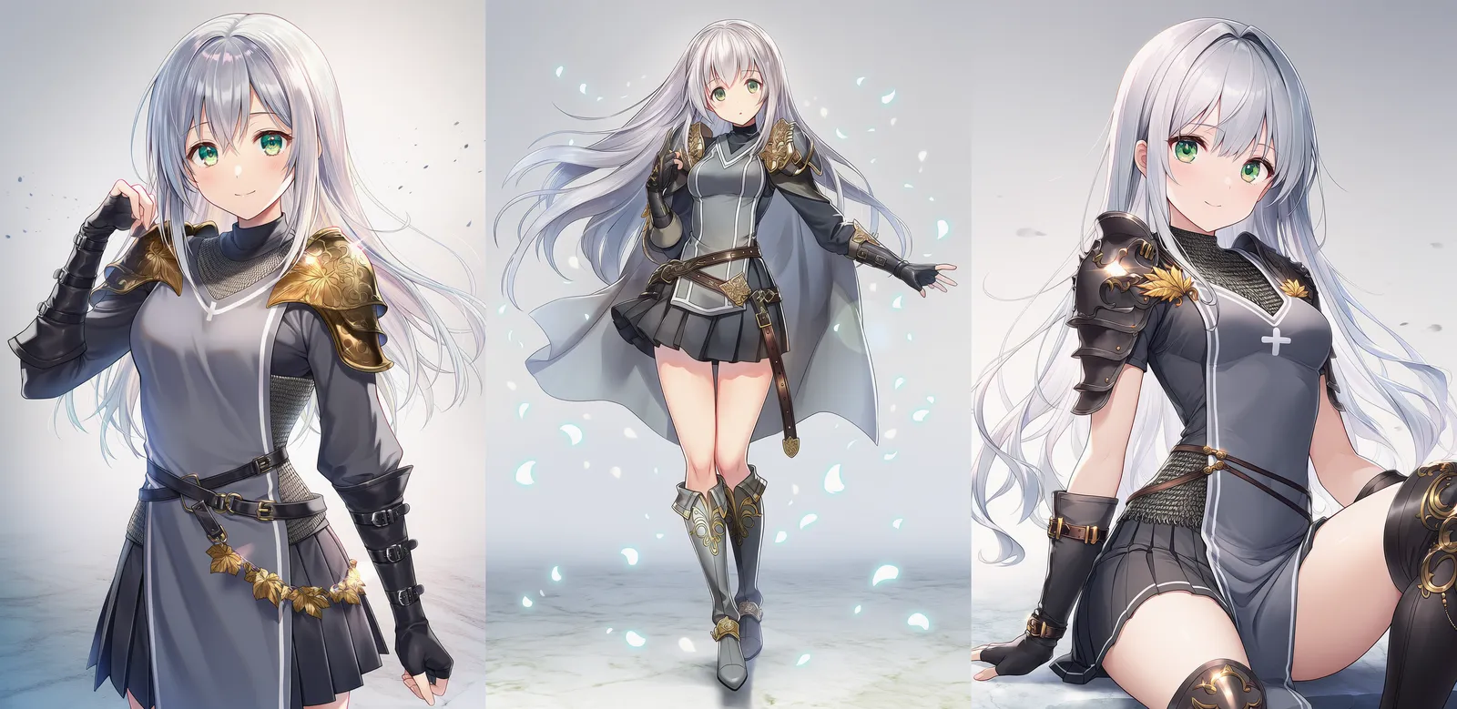 灰色タバード+金装飾の軽鎧ファッション|プロンプト紹介