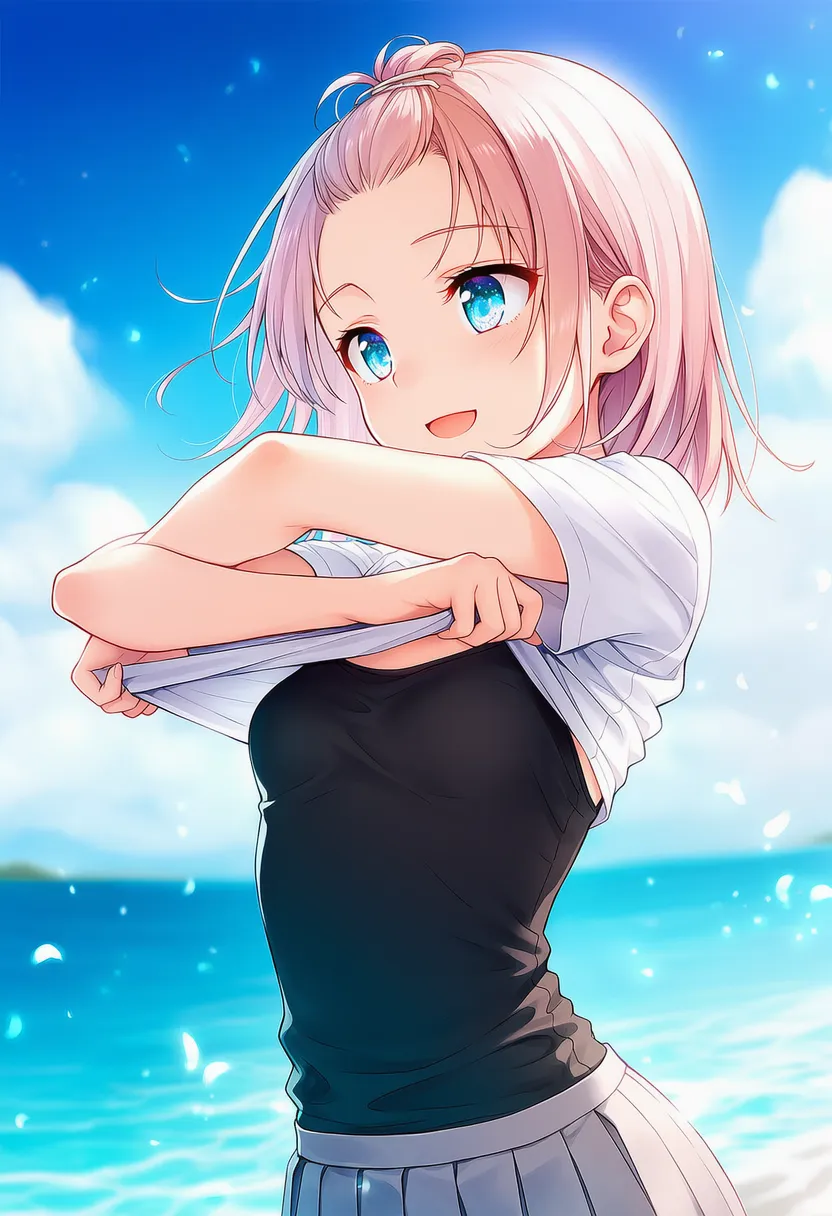 夏、ビーチで上着のTシャツを脱ぐ美少女（AIイラスト作例）