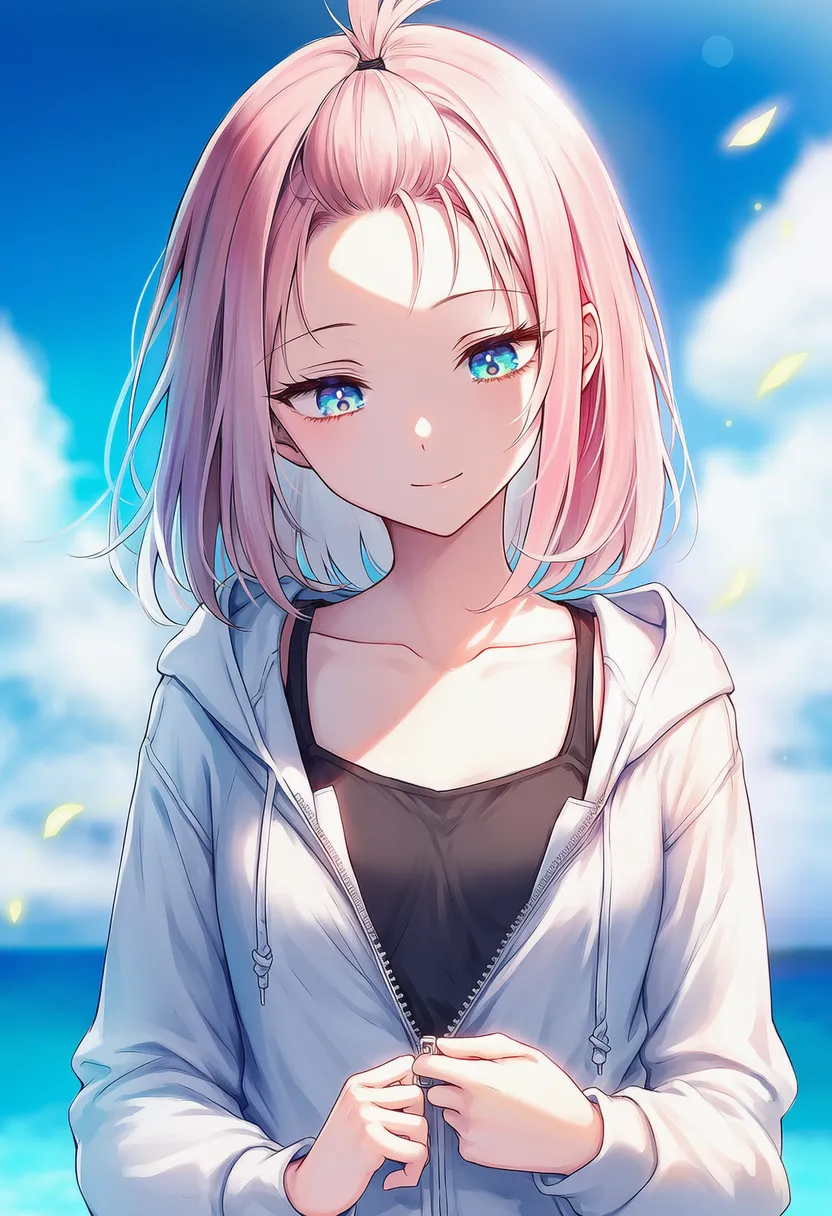 服のジッパーを下ろす動作のAIイラスト（正面アングル）｜プロンプト紹介