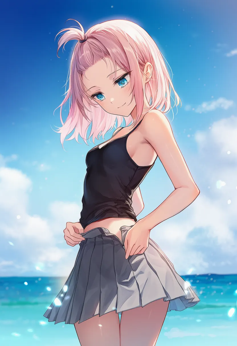 スカートのファスナーを下ろす仕草のAIイラスト（正面アングル）｜プロンプト紹介