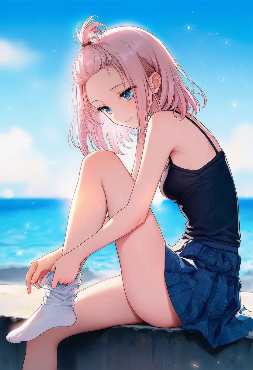 靴下を脱ぐ動作のAIイラスト（横アングル）｜プロンプト紹介