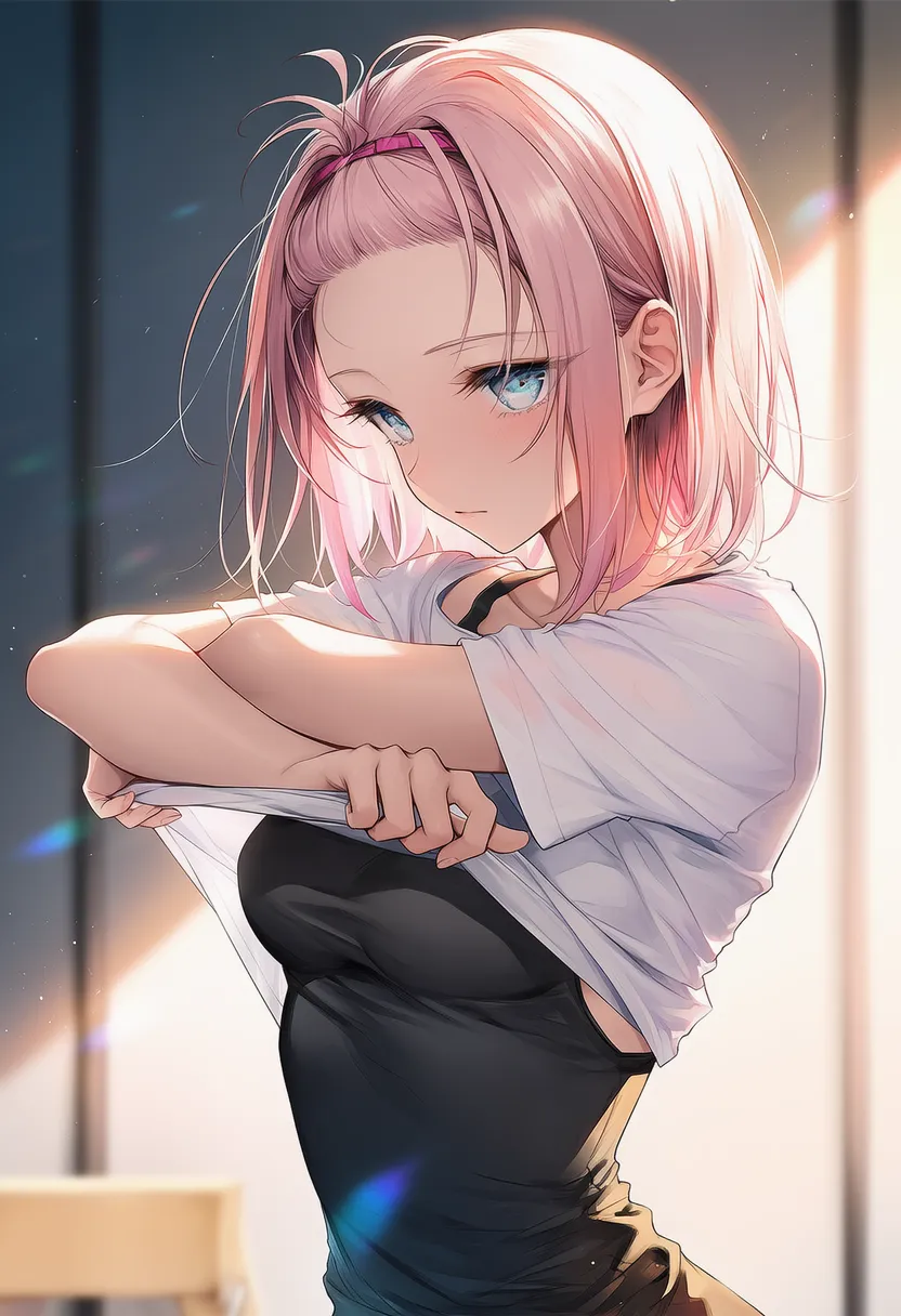 服を両手でたくし上げる仕草のAIイラスト｜プロンプト紹介