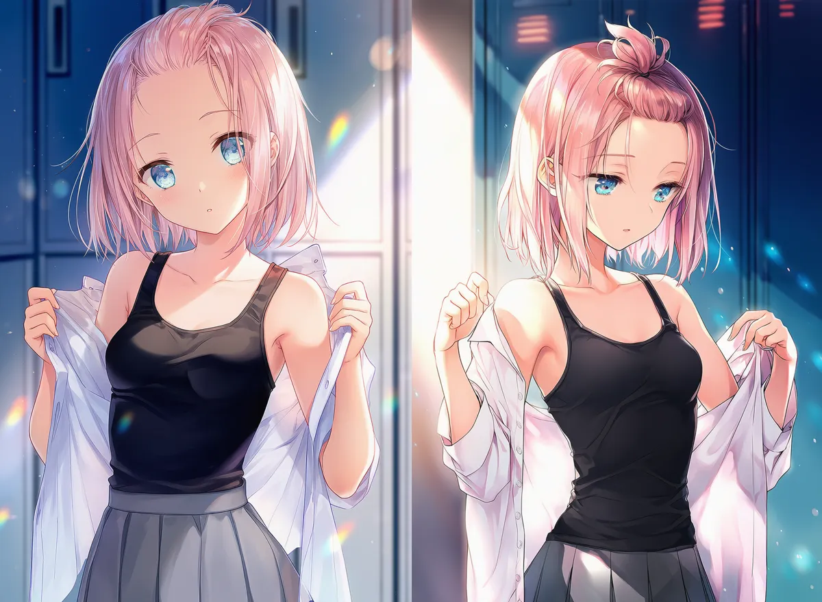 シャツの前を開ける（脱ぐ）動作のAIイラスト｜プロンプト紹介