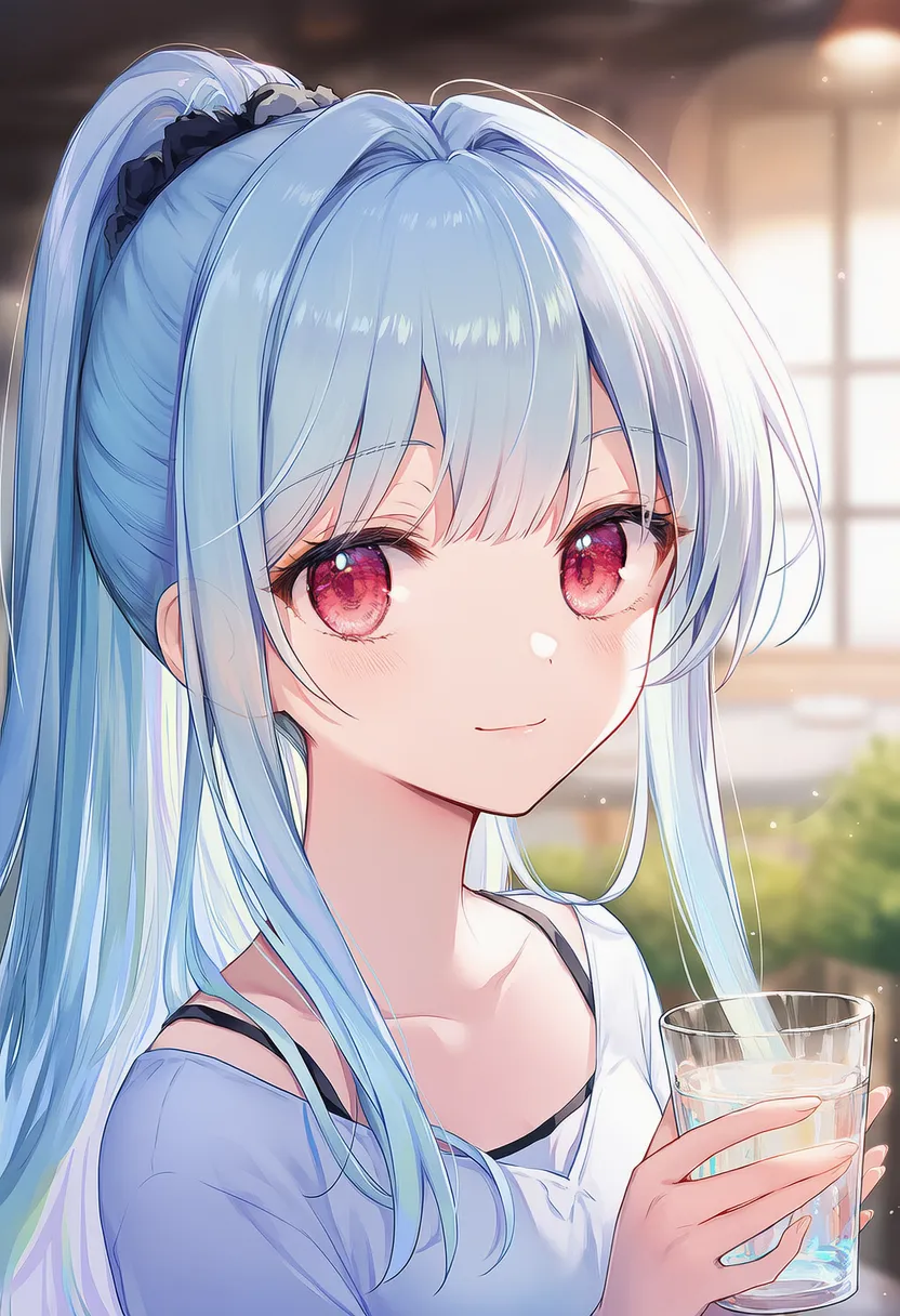 水の入ったグラスを持つ美少女AIイラスト｜持ち物プロンプト紹介