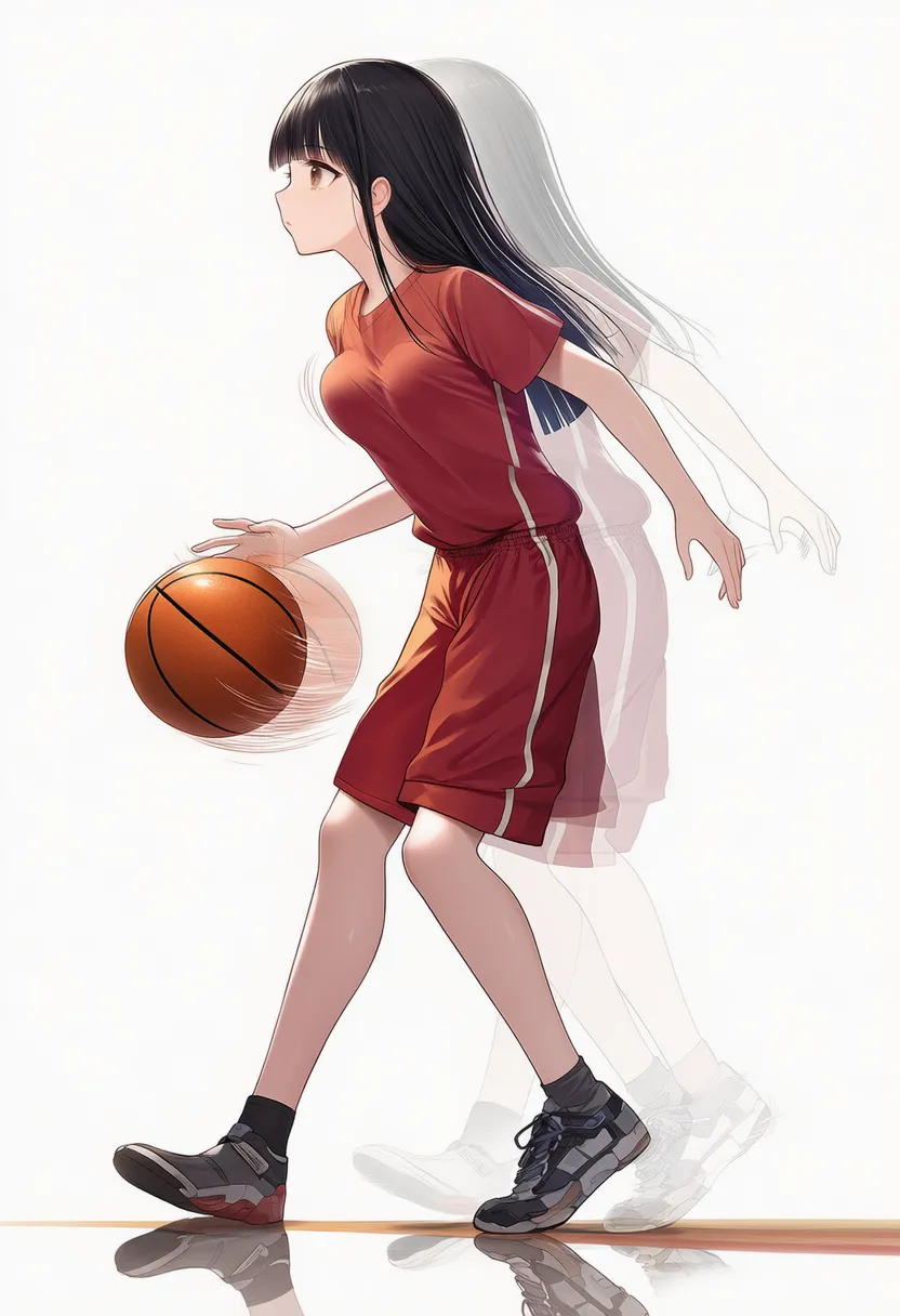 美少女がバスケでドリブルをする様子に残像効果の演出を加えたAIイラスト|プロンプト紹介