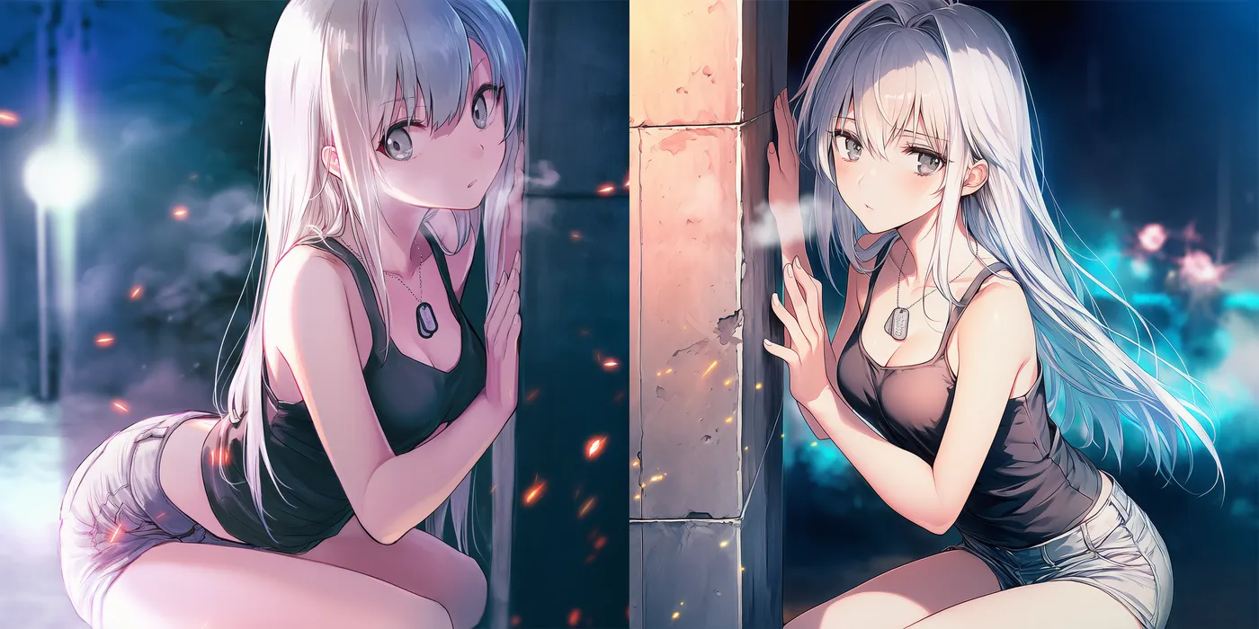 壁際で身を隠すポーズを再現したAIイラスト|プロンプト紹介