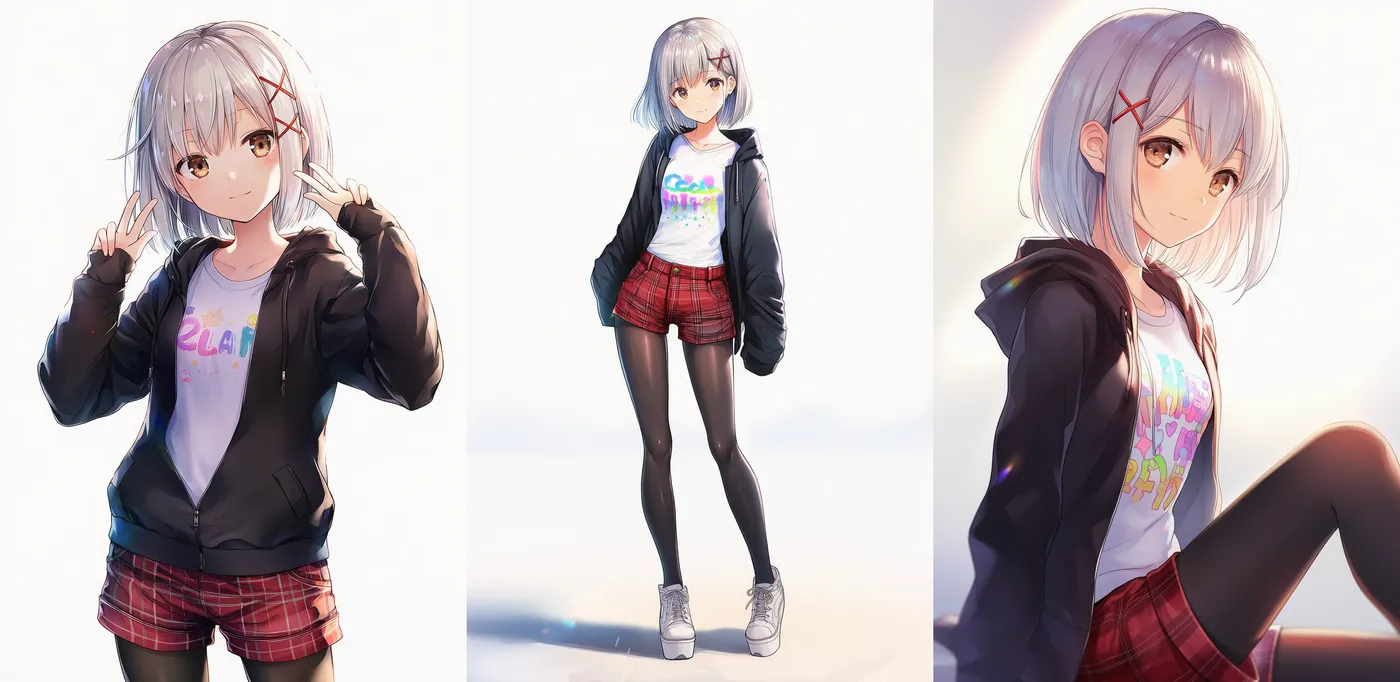 カジュアル服「黒フーディ×赤チェックショーパンのストリートMIX」プロンプト紹介